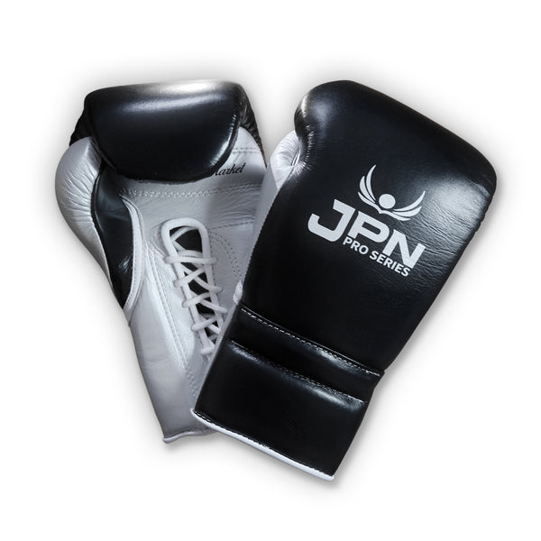 JPN Pro Series 16oz sparring gloves, black and silver, front view
